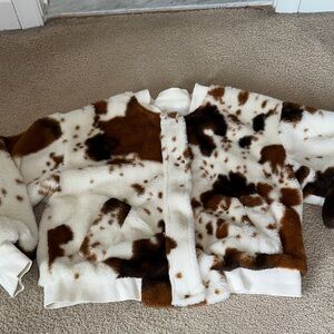 Le Lis White and Brown Faux Fur Cow Print Jacket